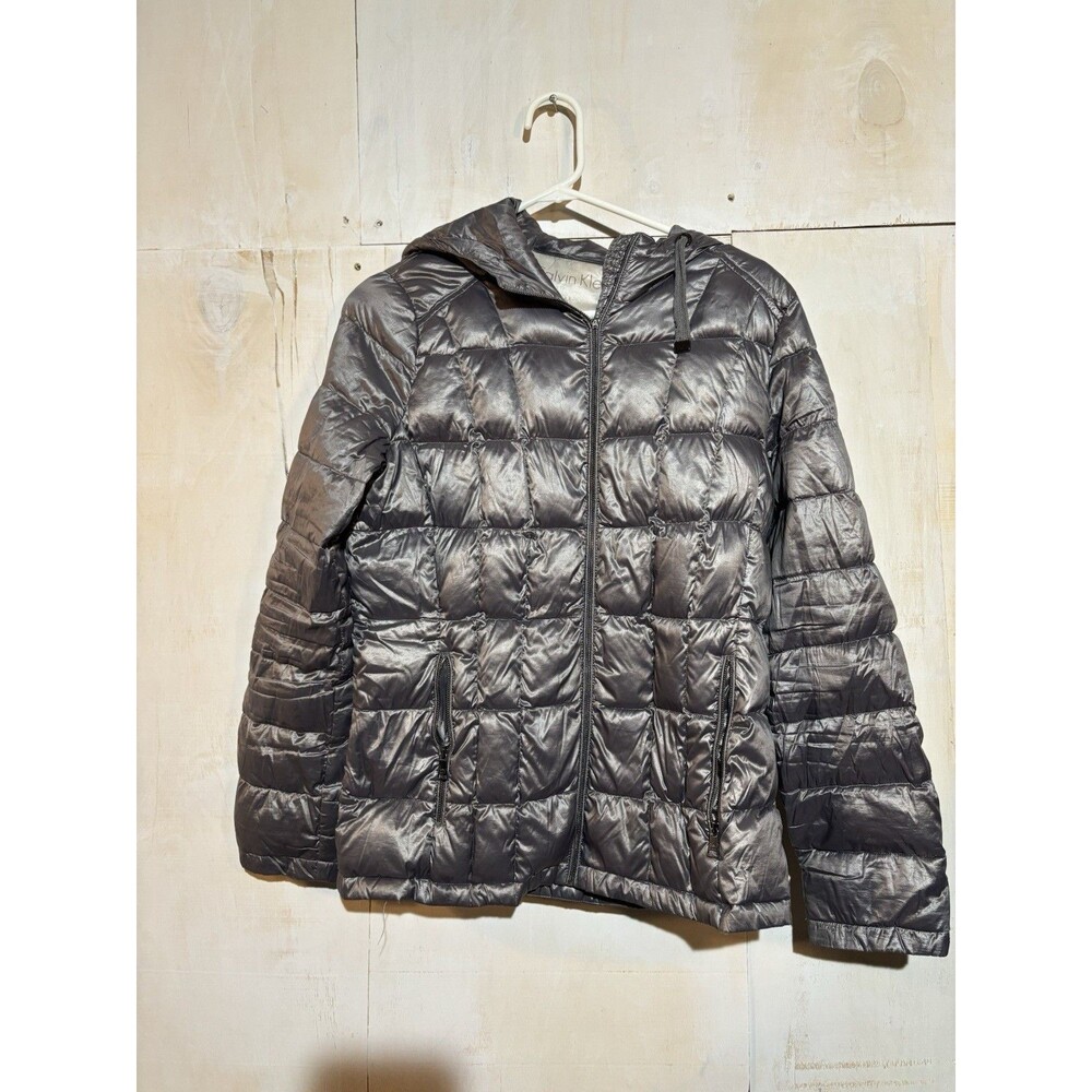Calvin Klein Premium Down Packable Quilted Hooded Silver Puffer Jacket M